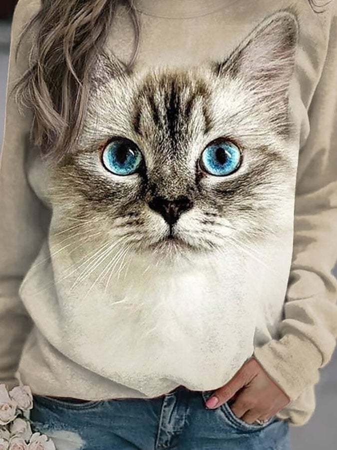 Modisches Langarm-Sweatshirt mit Katzen-Print