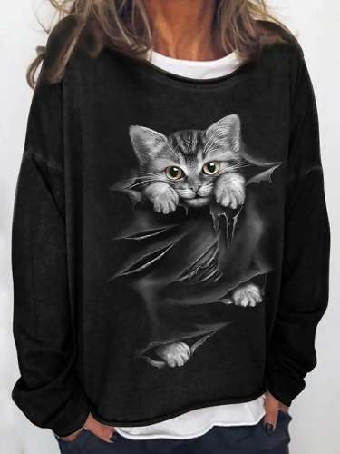 Modisches, langärmliges, lockeres Sweatshirt mit Katzendruck
