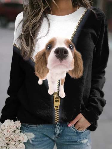Fashion Dog Print Langarm-Sweatshirt