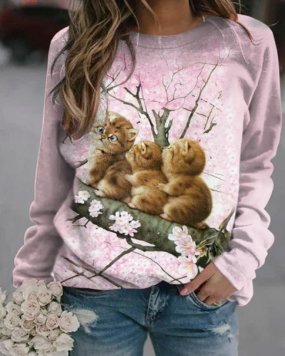Cute Cat Print Crewneck Sweatshirt