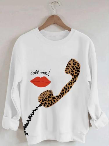 Women's Cheetah Print Telephone Long Sleeve Round Neck Sweatshirt