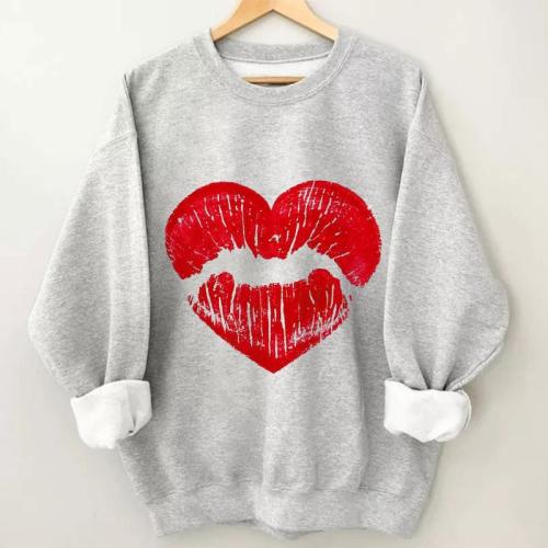 Women's Red Lip Print Round Neck Sweatshirt