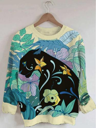 Women's Cheetah Art Print Long Sleeve Round Neck Sweatshirt