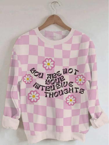 Women's Pink Plaid Flower Print Long Sleeve Round Neck Sweatshirt