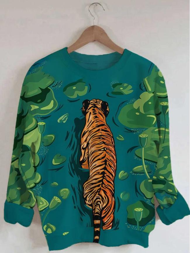 Women's Tiger Art Print Long Sleeve Round Neck Sweatshirt