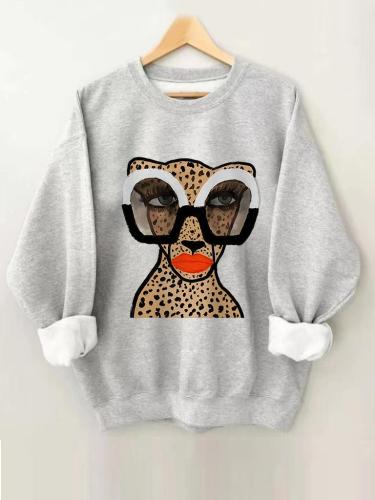 Women's Cheetah With Glasses Print Round Neck Sweatshirt