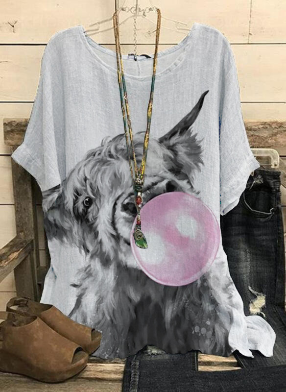Women's Highland Cow Floral  Crew Neck Casual Print Top