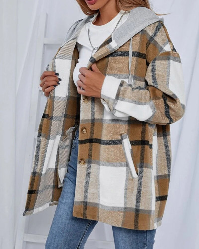 Casual Plaid Hooded Wool Coat