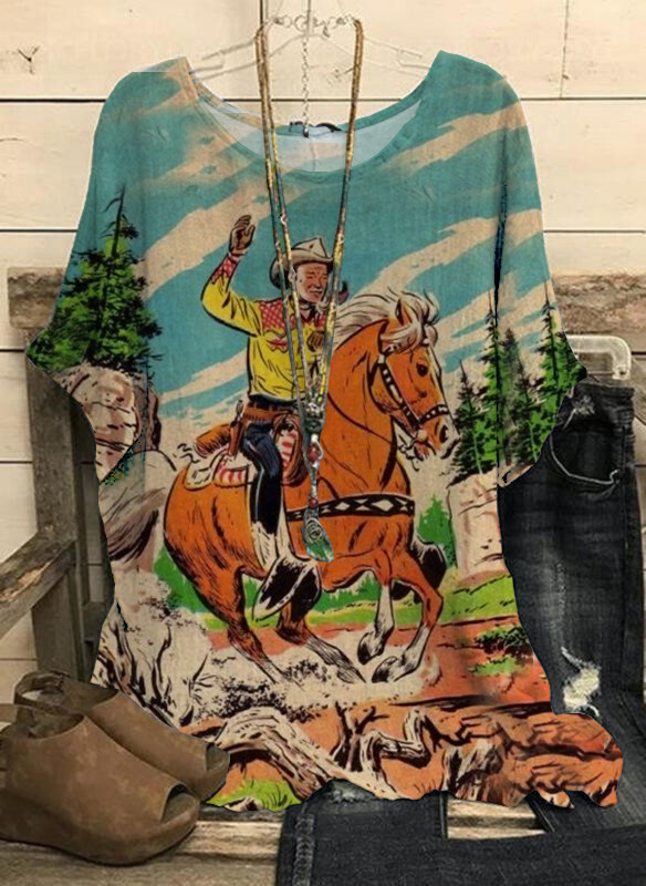 Women's Vintage Western Cowboy Print V-Neck T-Shirt