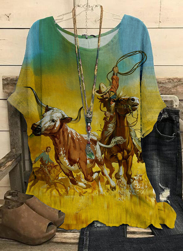 Women's Vintage Western Cowboy Print T-Shirt
