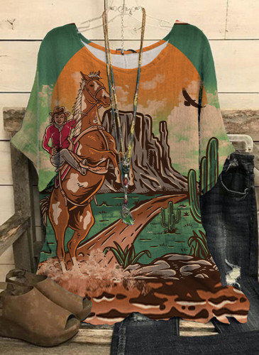 Women's Vintage Western Cowboy Print T-Shirt