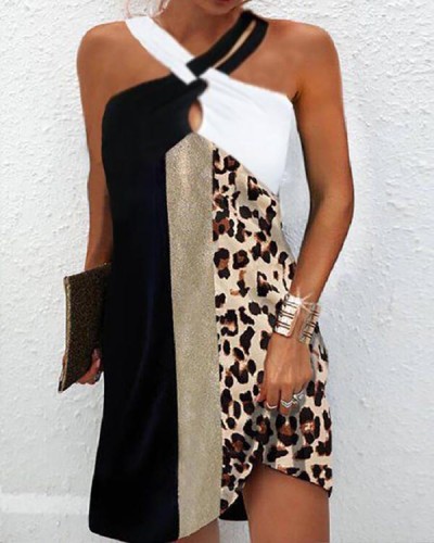 Leisure Vacation Mini Sleeveless Suspender Leopard Stitching Dress