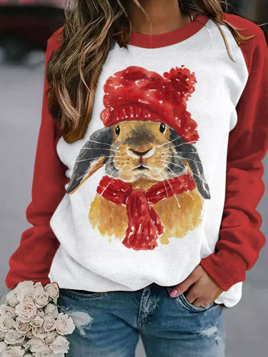 Women's Rabbit Print Round Neck Long Sleeve Sweatshirt