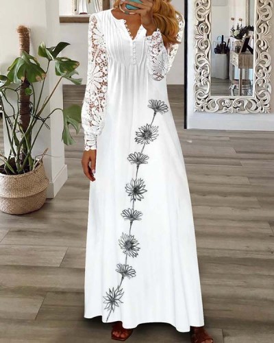 Elegant Lace Daisy Print Long Dress