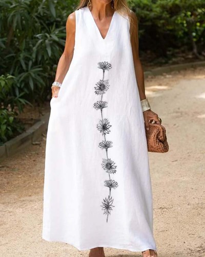 Cotton and Linen V-neck Daisy Print Maxi Dress