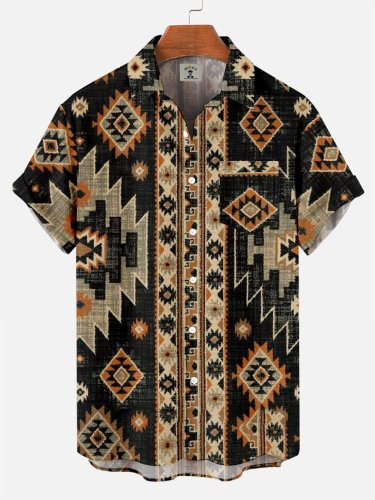 Men's Retro Western Ethnic Stripes Pattern Short Sleeve Shirt