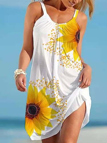 Sunflower Print Resort Strap Beach Dress