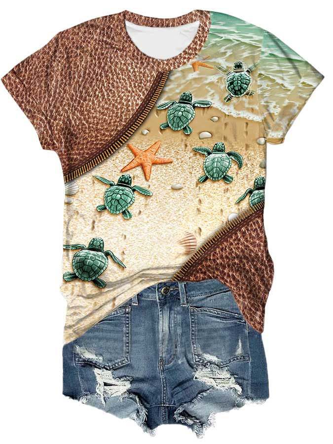Vintage Sea Turtle Zipper Print T-Shirt