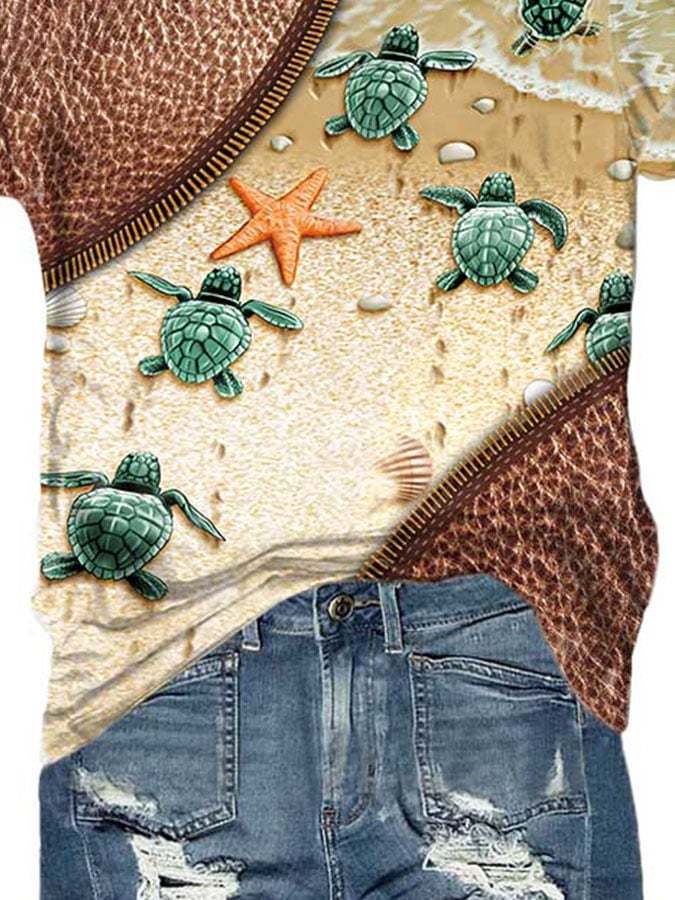 Vintage Sea Turtle Zipper Print T-Shirt