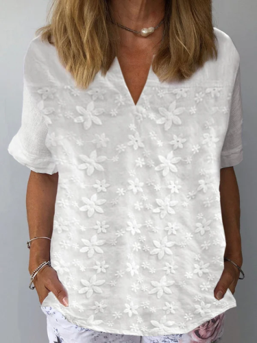 Women's Solid Color Lace Print V-Neck Cotton Linen Casual Shirt