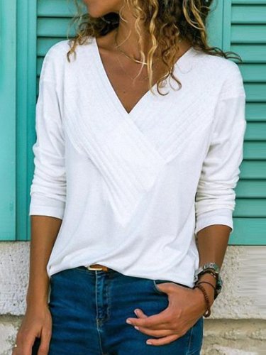 Women's Cotton Linen Big V Neck Hem Bifurcated Multi-layer Collar Pleated Long Sleeve T-Shirt Top