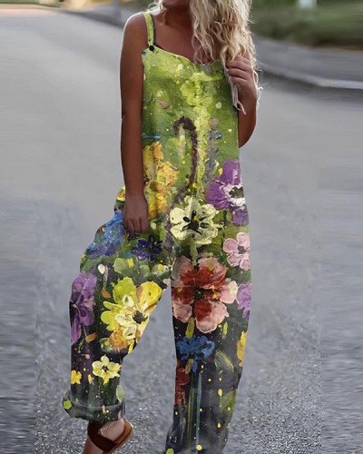 Ladies Loose Casual Art Floral Jumpsuit