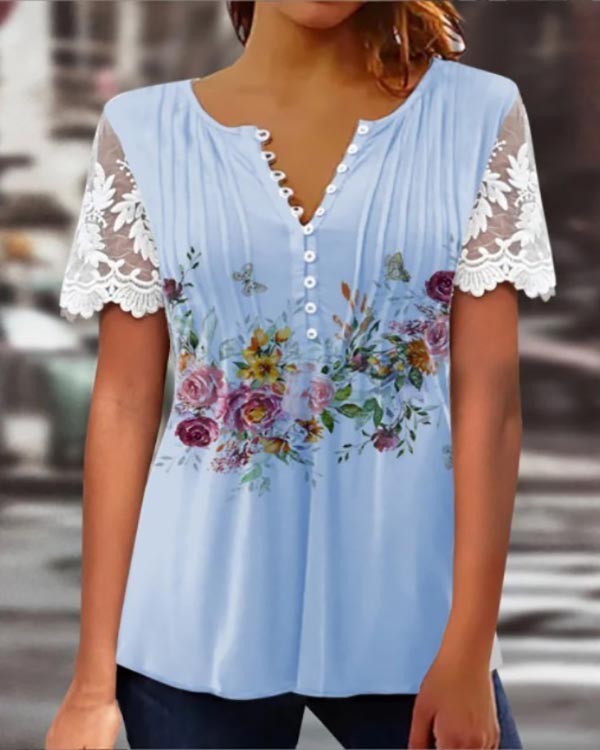 Lace Solid Button Short Sleeve Floral Top