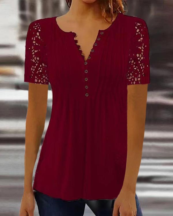 Lace Solid Color Button Short Sleeve Top