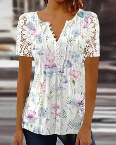 Lace Solid Button Floral Short Sleeve Top