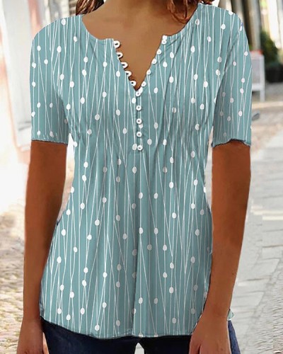 Casual V-neck Printed Short-sleeved Top
