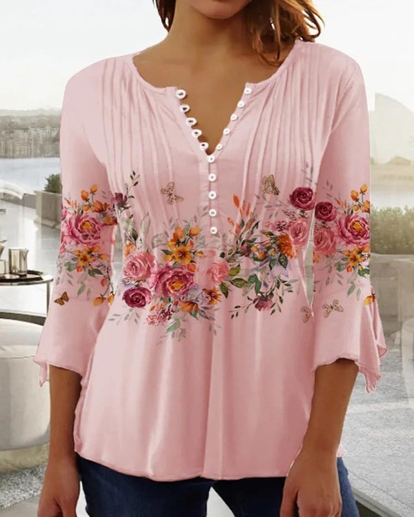 Casual Floral Button Down Sleeve Top