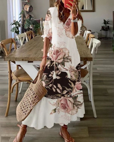 Bohemian V Neck Fringed Short Sleeve Floral Long Dress