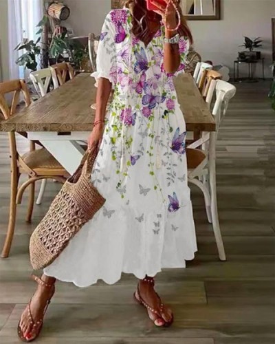 Bohemian V Neck Fringed Floral Short Sleeve Long Dress
