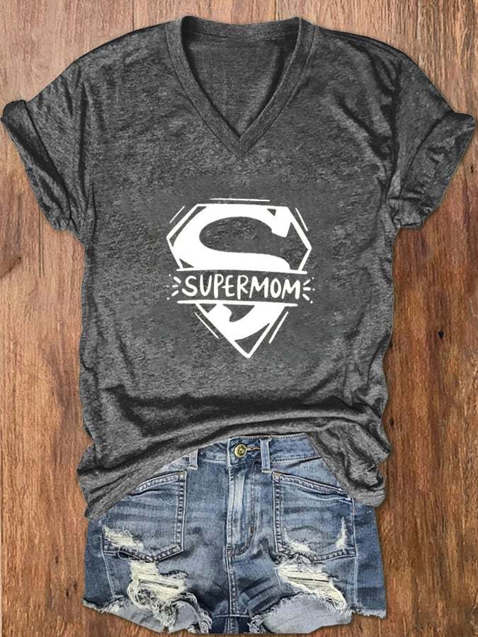 Women's Mother's Day SUPERMOM Print V-Neck T-Shirt