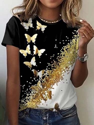 Women's Butterfly Flower Printed Round Neck Casual T-shirt