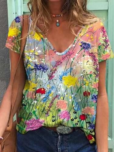 V-neck Casual Floral Painting Print T-Shirt