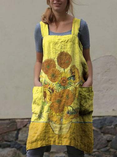 Women's Van Gogh Oil Painting Sunflower Print Double Pockets Gardening Apron