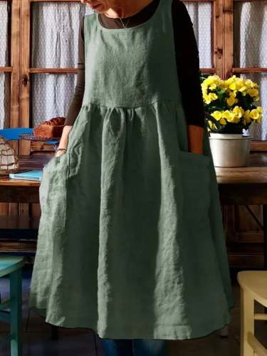 Cotton Linen Casual Solid Color With Pocket Print Dress