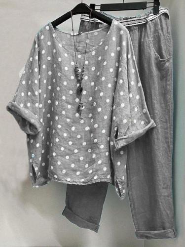 Women's Polka Dots Printed Cotton And Linen Two Pieces Suit