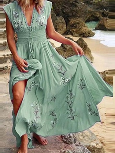 Vintage Floral V-Neckline Maxi X-line Dress