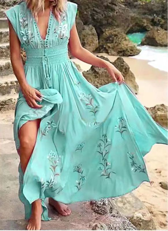 Vintage Floral V-Neckline Maxi X-line Dress