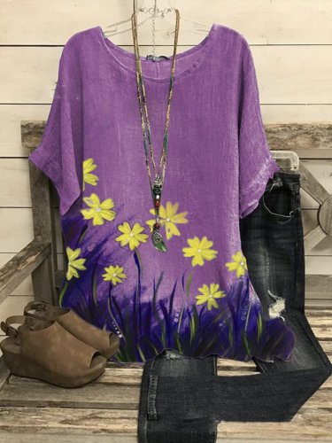 Violet Cotton-Blend Short Sleeve Floral Shirts & Tops