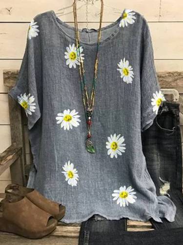 Gray Floral-Print Casual Crew Neck Cotton-Blend Shirts & Tops