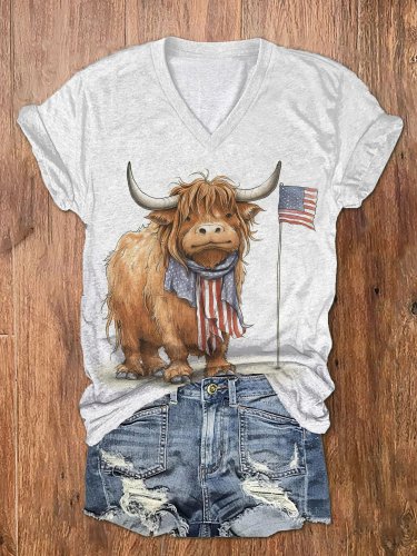 Women's 4th of July Highland Cow Print V-Neck Casual T-Shirt