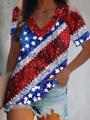 Women's American Flag Sequined Casual V-Neck Print T-Shirt