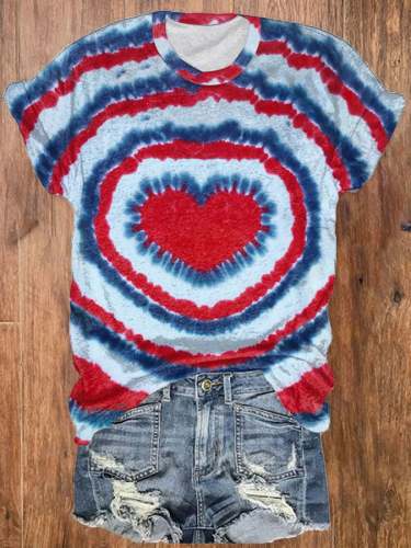 Women's Independence Day Red And Blue Tie-dye Heart Print Round Neck T-shirt
