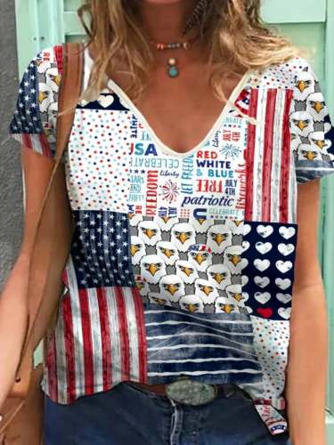 Women's Independence Day American Flag Heart Eagle Polka Dots Print T-Shirt