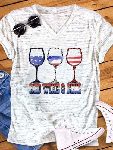 Women's Casual Wine Glass Print Short Sleeve T-Shirt