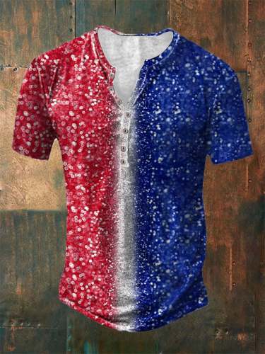 Men's Sequin Red White Blue Contrast Print V Neck Button T-Shirt