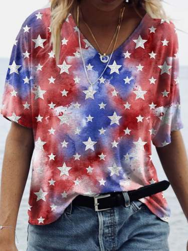 Women's Star Print V-Neck Short-Sleeved T-Shirt
